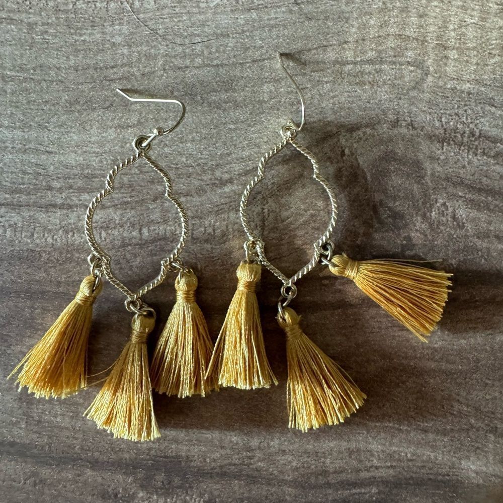 Triple Tassel Earrings Mustard Yellow Gold Toned Boho Earrings